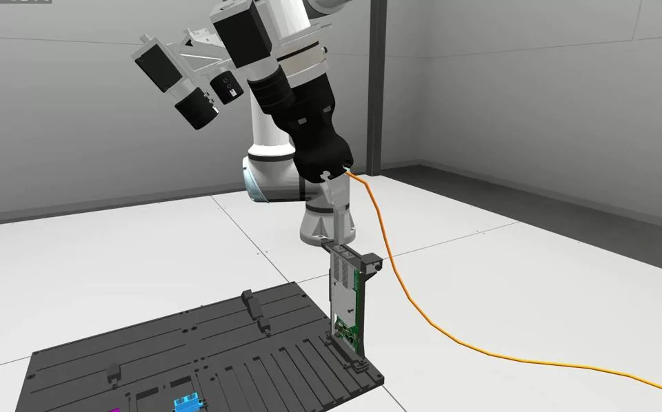 A robot arm inserting a cable connector into a board, in simulation